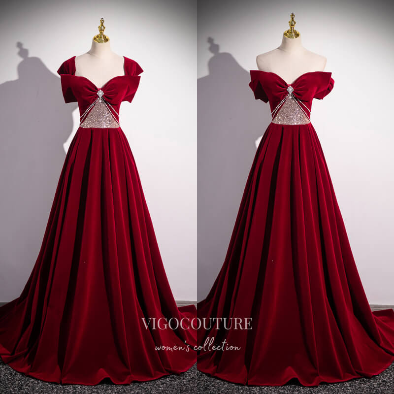 Prom Dress 2025 Burgundy Velvet Beaded Bow Tie Prom Dresses Convertible Formal Gown 24422-unique elegant Prom Dresses-Burgundy-Custom Size-vigocouture