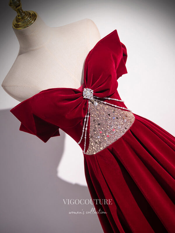 Prom Dress 2025 Burgundy Velvet Beaded Bow Tie Prom Dresses Convertible Formal Gown 24422-unique elegant Prom Dresses-Burgundy-Custom Size-vigocouture