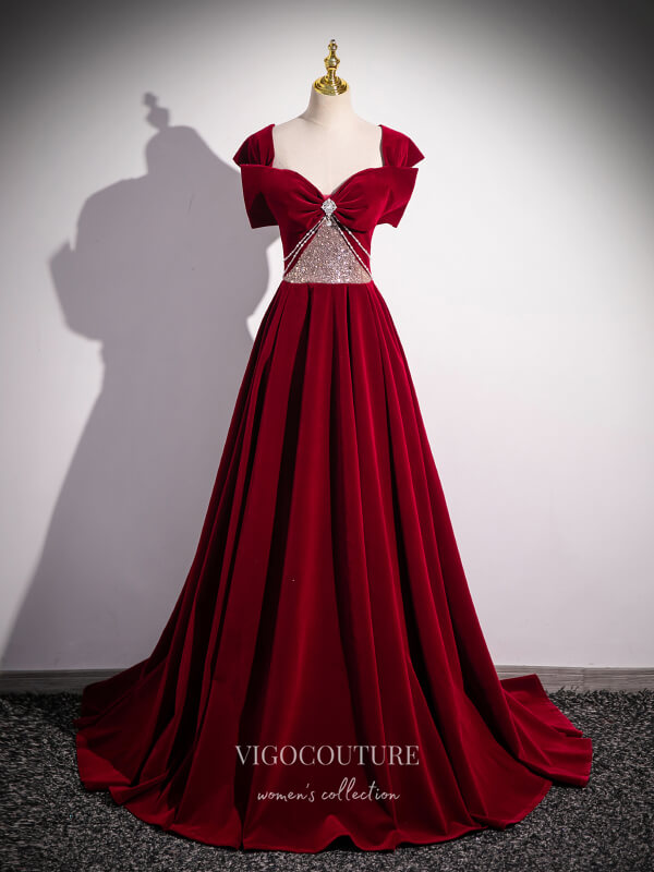 Prom Dress 2025 Burgundy Velvet Beaded Bow Tie Prom Dresses Convertible Formal Gown 24422-unique elegant Prom Dresses-Burgundy-Custom Size-vigocouture