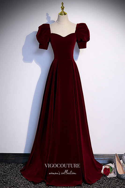 Burgundy Velvet Formal Dress A-Line Sweetheart Neck Prom Dresses 21648 – vigocouture
