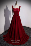 Burgundy Velvet Formal Dress A-Line Wide Strap Prom Dresses 21662