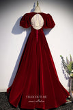 Prom Dress 2025 Burgundy Velvet Formal Dress Puffed Sleeve A-Line Prom Dresses 21673-unique elegant Prom Dresses-Burgundy-Custom Size-vigocouture