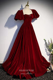 Prom Dress 2025 Burgundy Velvet Formal Dress Puffed Sleeve A-Line Prom Dresses 21673-unique elegant Prom Dresses-Burgundy-Custom Size-vigocouture