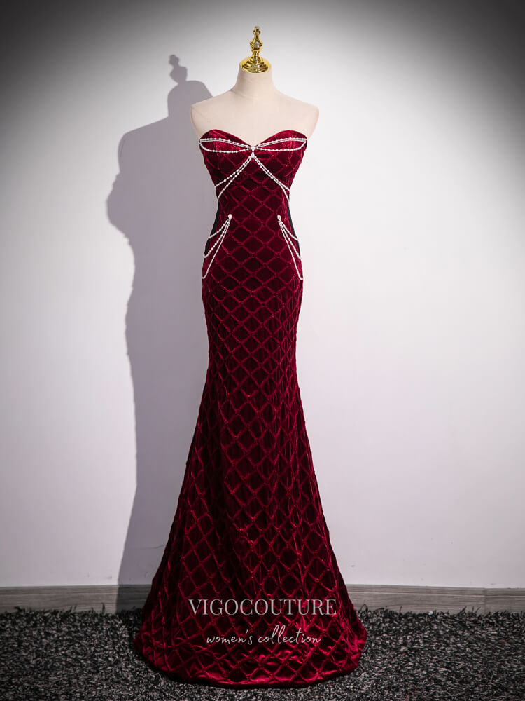 Prom Dress 2025 Burgundy Velvet Mermaid Prom Dresses Removable Puffed Sleeve Pearl String 24424-unique elegant Prom Dresses-Burgundy-Custom Size-vigocouture