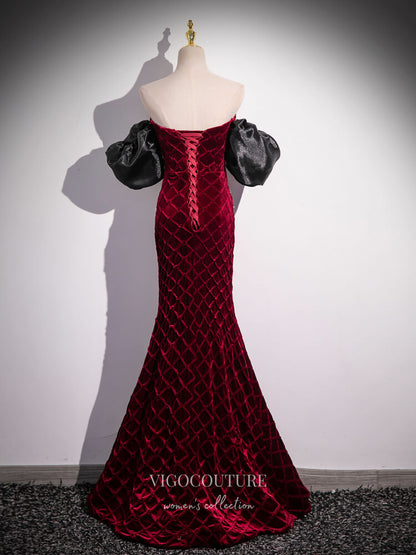 Prom Dress 2025 Burgundy Velvet Mermaid Prom Dresses Removable Puffed Sleeve Pearl String 24424-unique elegant Prom Dresses-Burgundy-Custom Size-vigocouture