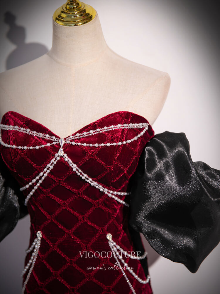 Prom Dress 2025 Burgundy Velvet Mermaid Prom Dresses Removable Puffed Sleeve Pearl String 24424-unique elegant Prom Dresses-Burgundy-Custom Size-vigocouture