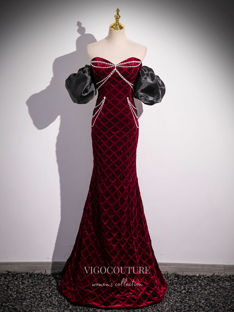 Prom Dress 2025 Burgundy Velvet Mermaid Prom Dresses Removable Puffed Sleeve Pearl String 24424-unique elegant Prom Dresses-Burgundy-Custom Size-vigocouture