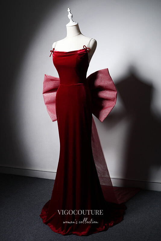 Prom Dress 2025 Burgundy Velvet Mermaid Prom Dresses with Bow-Tie 22366-unique elegant Prom Dresses-Burgundy-Custom Size-vigocouture