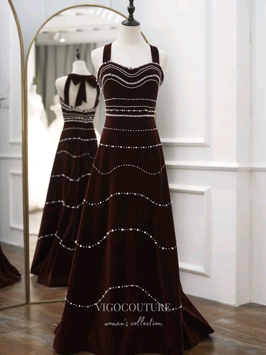 Prom Dress 2025 Burgundy Velvet Prom Dresses Beaded Formal Dresses 21192-unique elegant Prom Dresses-Burgundy-Custom Size-vigocouture