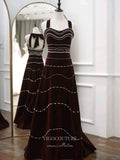 Burgundy Velvet Prom Dresses Beaded Formal Dresses 21192