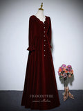 Prom Dress 2025 Burgundy Velvet Prom Dresses Long Sleeve Formal Dresses 21055-unique elegant Prom Dresses-Burgundy-Custom Size-vigocouture