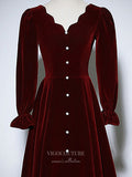 Prom Dress 2025 Burgundy Velvet Prom Dresses Long Sleeve Formal Dresses 21055-unique elegant Prom Dresses-Burgundy-Custom Size-vigocouture