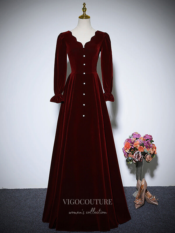 Prom Dress 2025 Burgundy Velvet Prom Dresses Long Sleeve Formal Dresses 21055-unique elegant Prom Dresses-Burgundy-Custom Size-vigocouture