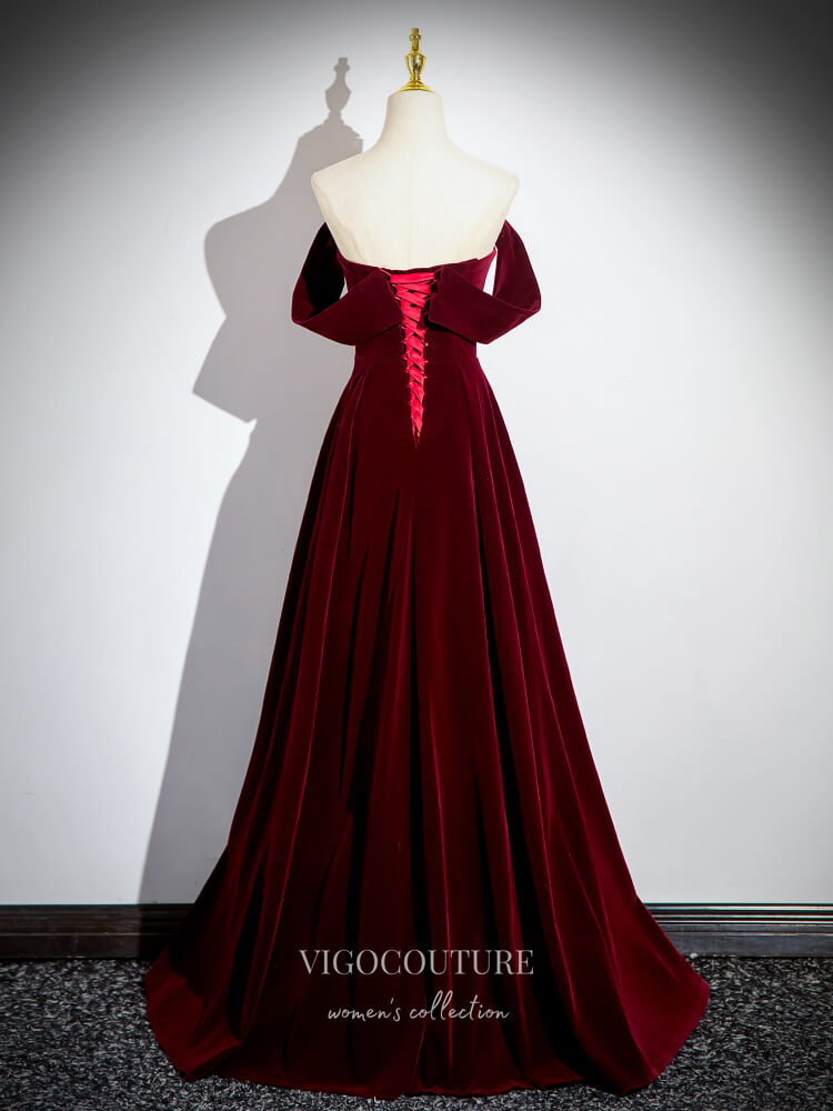 Prom Dress 2025 Burgundy Velvet Prom Dresses Off the Shoulder Formal Gown 24410-unique elegant Prom Dresses-Burgundy-Custom Size-vigocouture