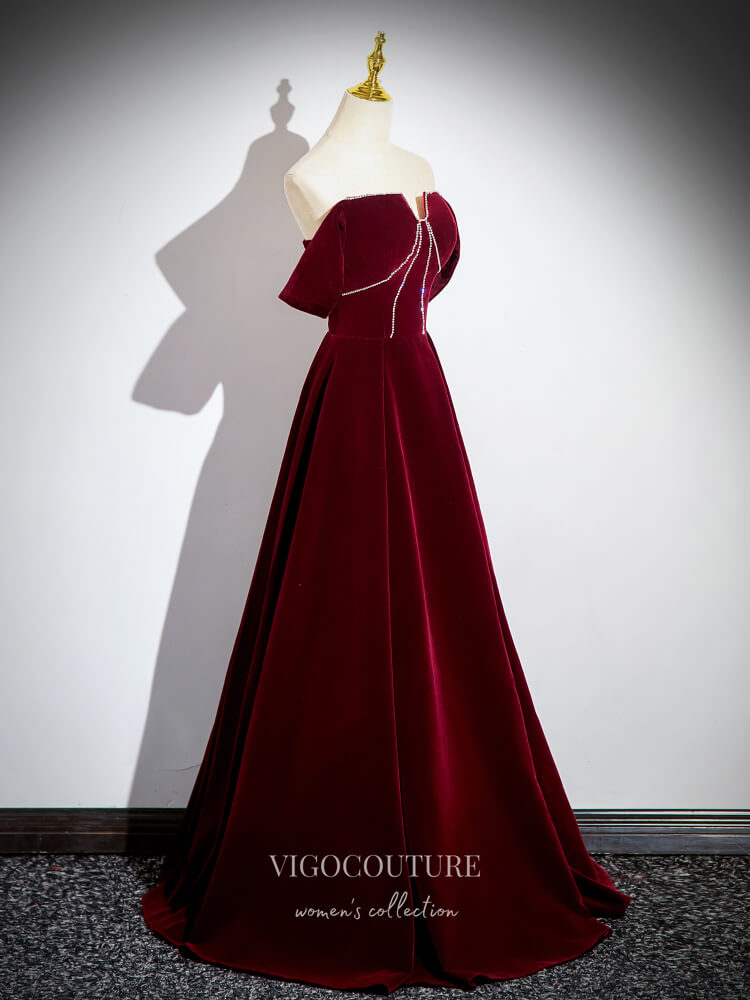 Burgundy Velvet Prom Dresses Off the Shoulder Formal Gown 24410 vigocouture Burgundy Velvet Prom Dresses Off the Shoulder Formal Gown 24410 vigocouture