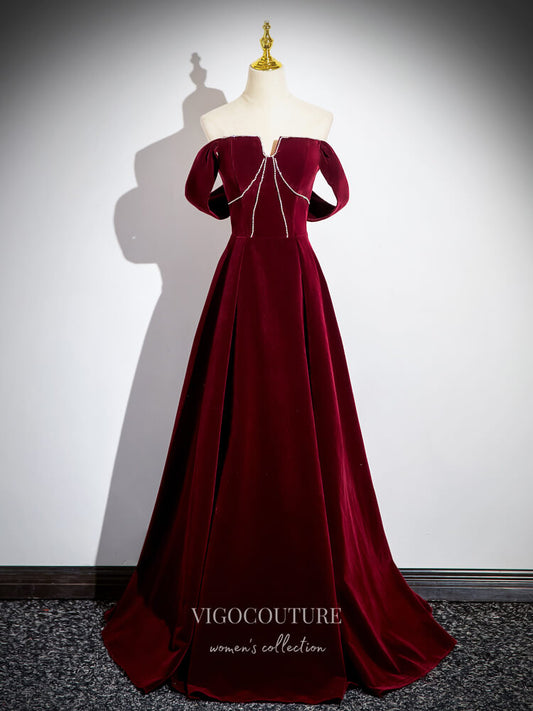 Prom Dress 2025 Burgundy Velvet Prom Dresses Off the Shoulder Formal Gown 24410-unique elegant Prom Dresses-Burgundy-Custom Size-vigocouture