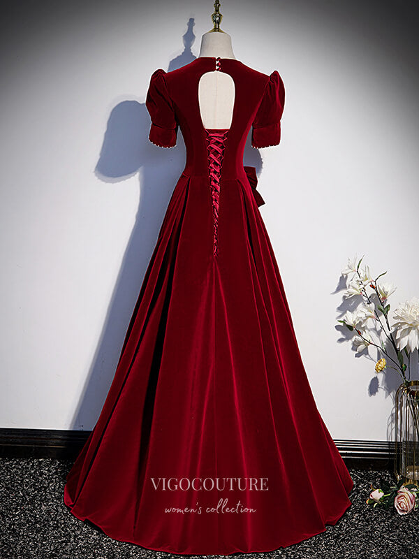 Prom Dress 2025 Burgundy Velvet Prom Dresses Puffed Sleeve Formal Dresses 21342-unique elegant Prom Dresses-Burgundy-US2-vigocouture