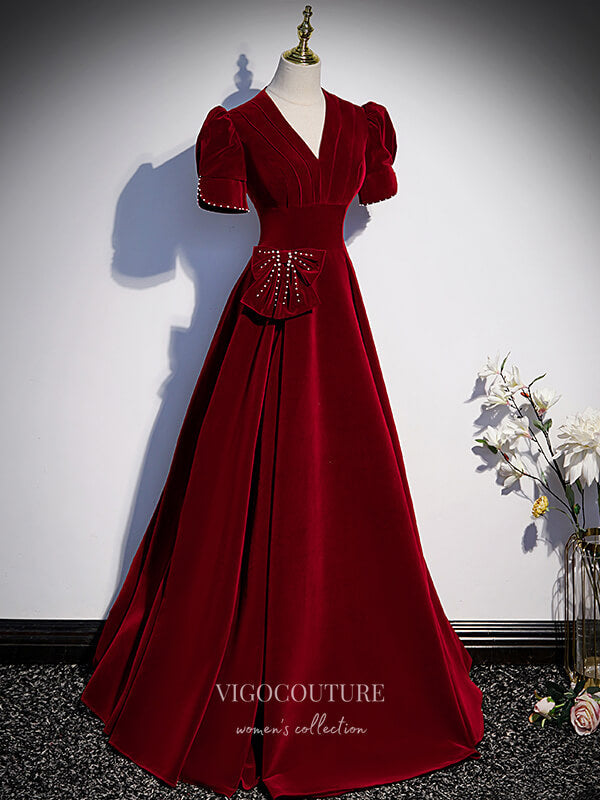 Prom Dress 2025 Burgundy Velvet Prom Dresses Puffed Sleeve Formal Dresses 21342-unique elegant Prom Dresses-Burgundy-US2-vigocouture