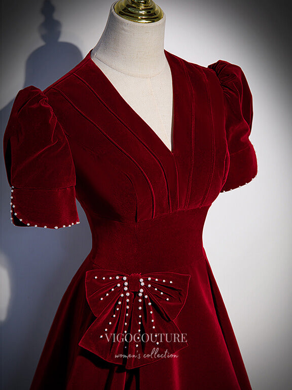 Burgundy Velvet Prom Dresses Puffed Sleeve Formal Dresses 21342 Custom Colors / 20W Burgundy Velvet Prom Dresses Puffed Sleeve Formal Dresses 21342 Custom Colors / 20W