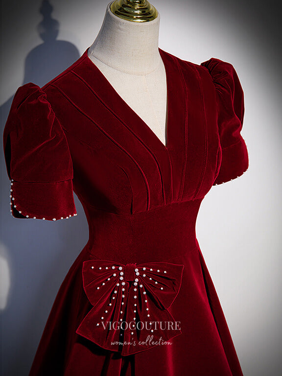 Prom Dress 2025 Burgundy Velvet Prom Dresses Puffed Sleeve Formal Dresses 21342-unique elegant Prom Dresses-Burgundy-US2-vigocouture