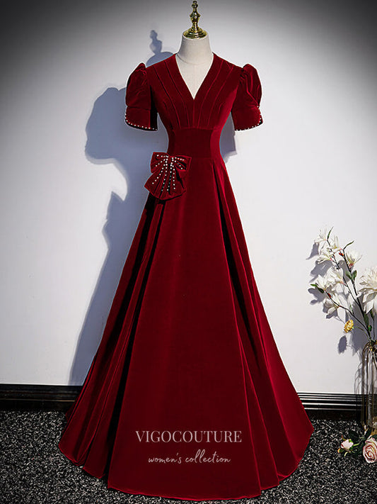 Prom Dress 2025 Burgundy Velvet Prom Dresses Puffed Sleeve Formal Dresses 21342-unique elegant Prom Dresses-Burgundy-US2-vigocouture