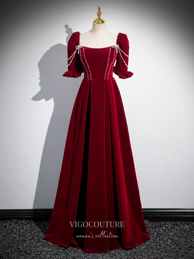 Prom Dress 2025 Burgundy Velvet Prom Dresses Puffed Sleeve Formal Gown 24412-unique elegant Prom Dresses-Burgundy-Custom Size-vigocouture