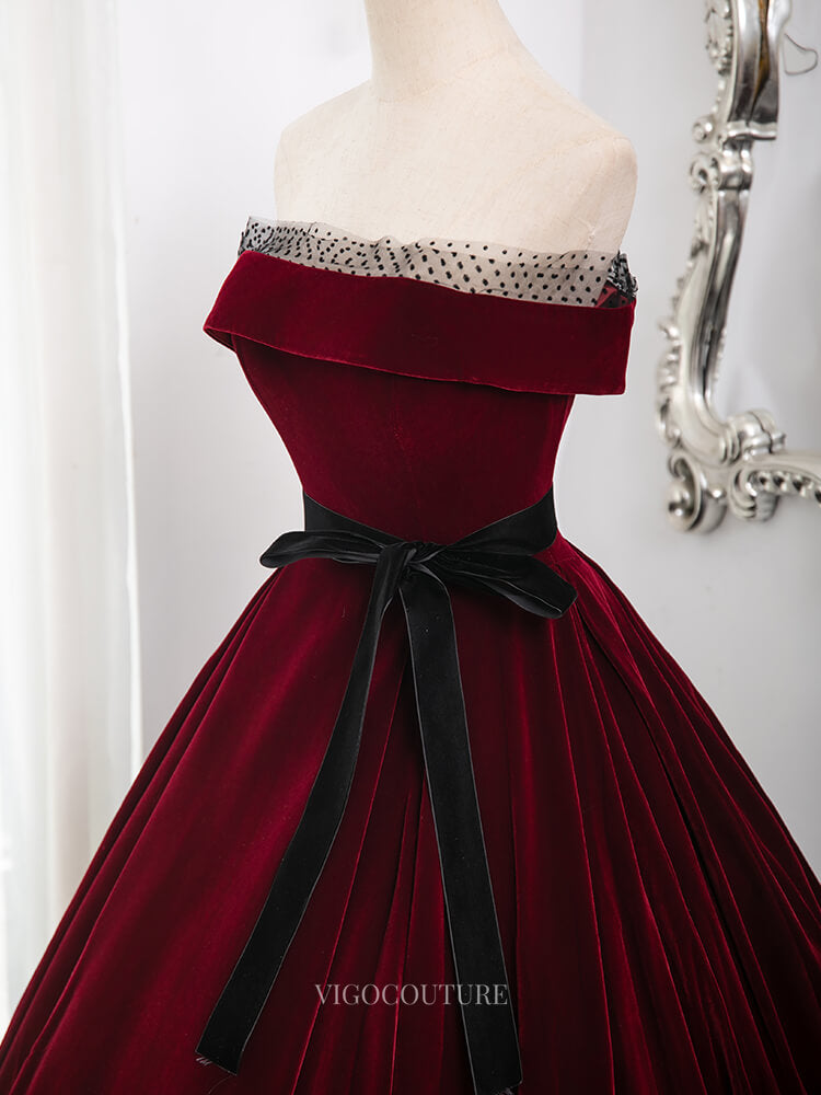 Prom Dresses 2025 to impress Burgundy Velvet Prom Dresses with Belt, Strapless Quinceanera Dresses BG013-vigocouture-vigocouture