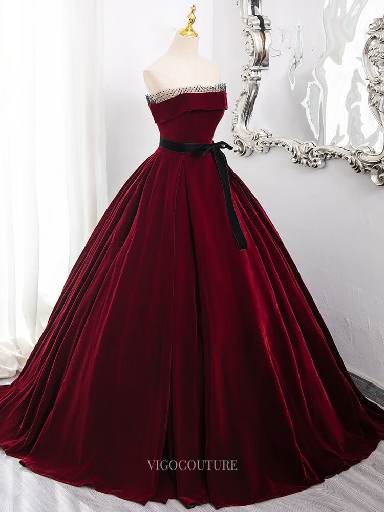 Prom Dresses 2025 to impress Burgundy Velvet Prom Dresses with Belt, Strapless Quinceanera Dresses BG013-vigocouture-vigocouture