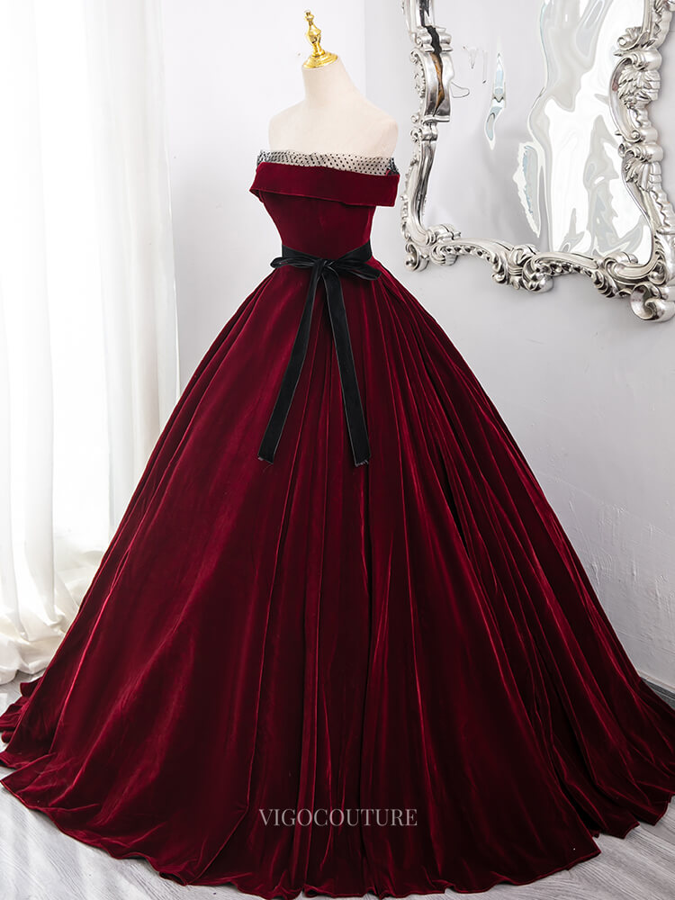 Burgundy Velvet Prom Dresses with Belt, Strapless Quinceanera Dresses BG013 Burgundy / 24W Burgundy Velvet Prom Dresses with Belt, Strapless Quinceanera Dresses BG013 Burgundy / 24W