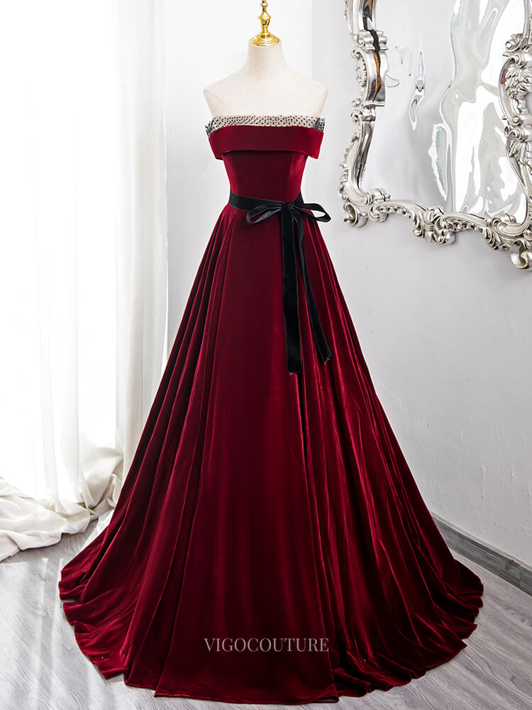 Prom Dresses 2025 to impress Burgundy Velvet Prom Dresses with Belt, Strapless Quinceanera Dresses BG013-vigocouture-vigocouture