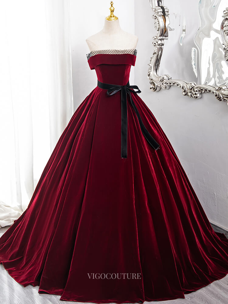 Prom Dresses 2025 to impress Burgundy Velvet Prom Dresses with Belt, Strapless Quinceanera Dresses BG013-vigocouture-Burgundy-Custom Size-vigocouture