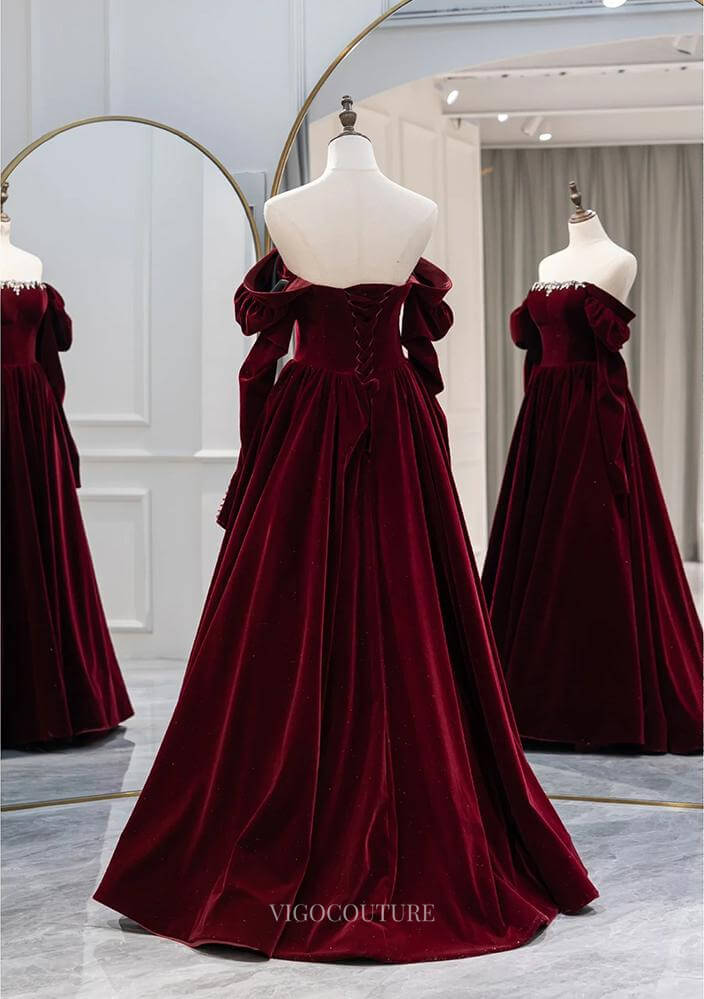 Prom Dresses 2025 to impress Burgundy Velvet Prom Dresses with Removable Long Sleeve, Formal Dresses BG082-vigocouture-vigocouture