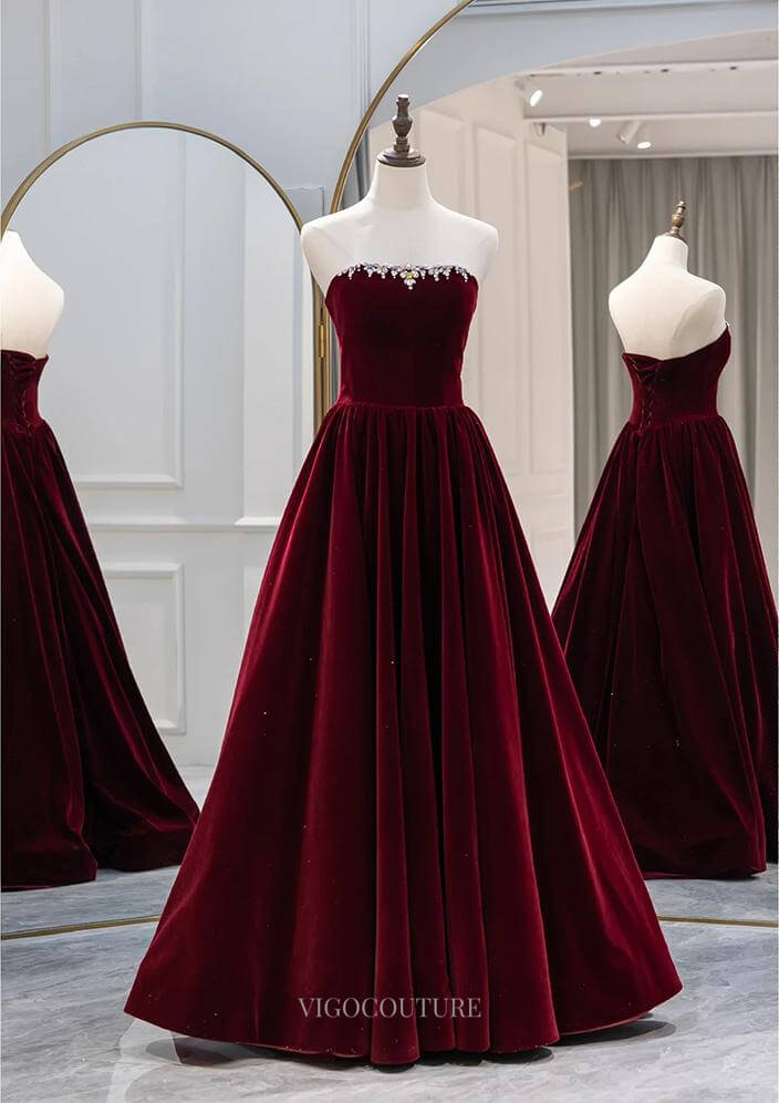 Prom Dresses 2025 to impress Burgundy Velvet Prom Dresses with Removable Long Sleeve, Formal Dresses BG082-vigocouture-vigocouture