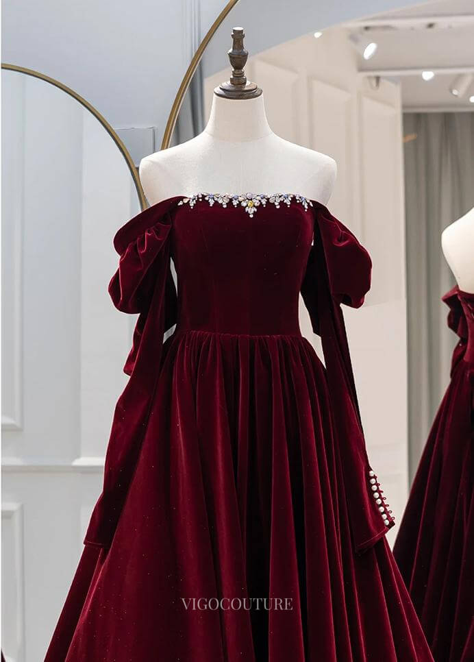 Prom Dresses 2025 to impress Burgundy Velvet Prom Dresses with Removable Long Sleeve, Formal Dresses BG082-vigocouture-vigocouture