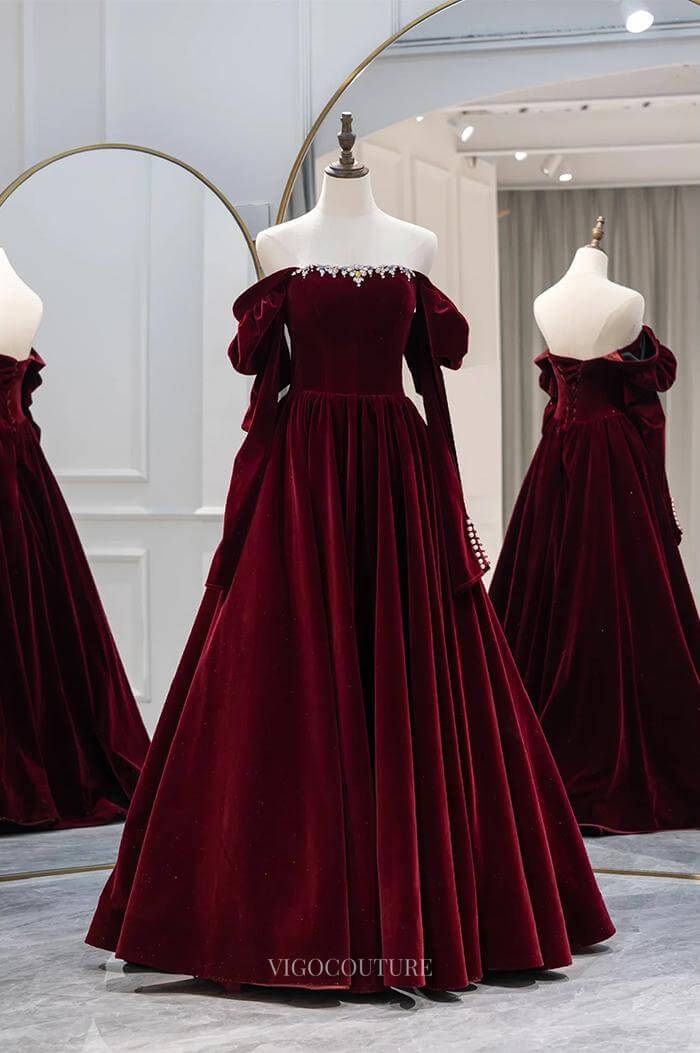 Prom Dresses 2025 to impress Burgundy Velvet Prom Dresses with Removable Long Sleeve, Formal Dresses BG082-vigocouture-Burgundy-Custom Size-vigocouture