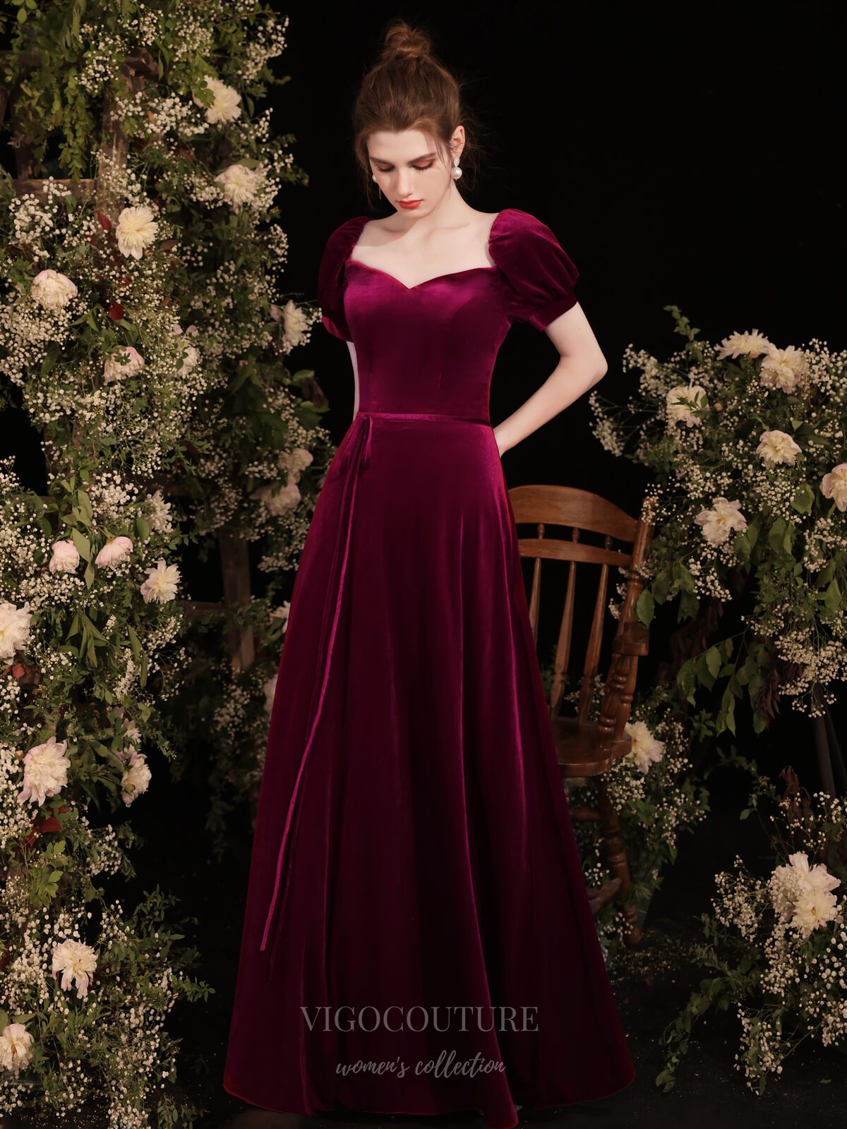 Prom Dress 2025 Burgundy Velvet Puffed Sleeve Prom Dress 20734-unique elegant Prom Dresses-Burgundy-US2-vigocouture