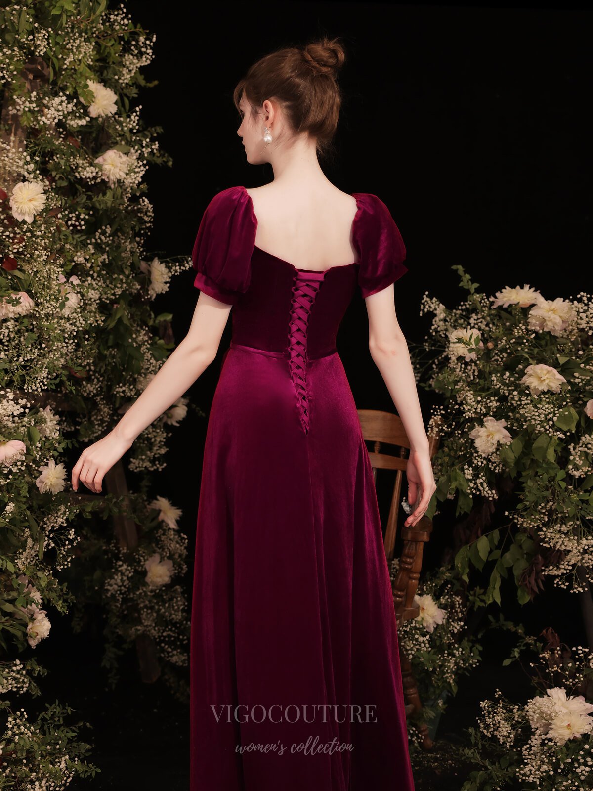 Prom Dress 2025 Burgundy Velvet Puffed Sleeve Prom Dress 20734-unique elegant Prom Dresses-Burgundy-US2-vigocouture