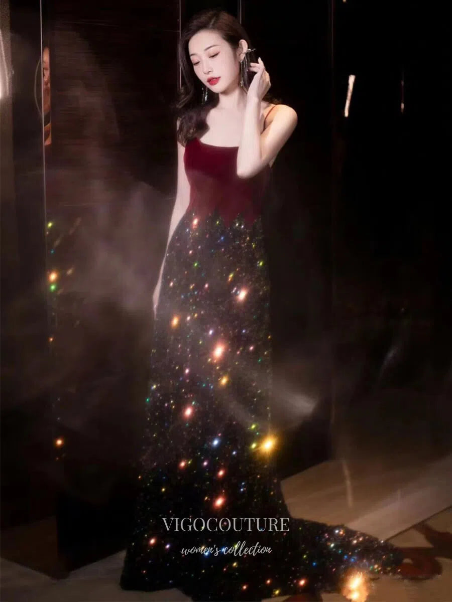 Burgundy Velvet Spaghetti Strap Prom Dresses 2025 Sequin Evening Dress 25055 Burgundy Velvet Spaghetti Strap Prom Dresses 2025 Sequin Evening Dress 25055