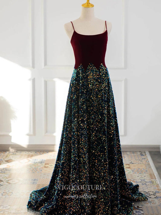 Prom Dress 2025 Burgundy Velvet Spaghetti Strap Prom Dresses 2025 Sequin Evening Dress 25055-unique elegant Prom Dresses-Burgundy-Custom Size-vigocouture