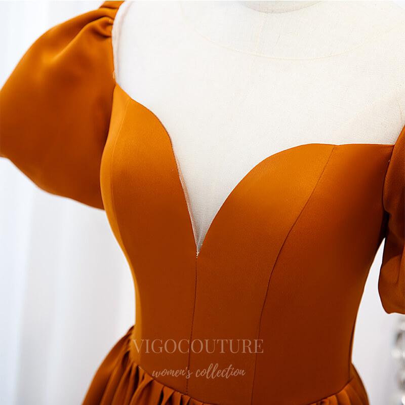 Prom Dress 2025 Burnt Orange Prom Dress 2022 Puffed Sleeve 20507-unique elegant Prom Dresses-Burnt Orange-US2-vigocouture