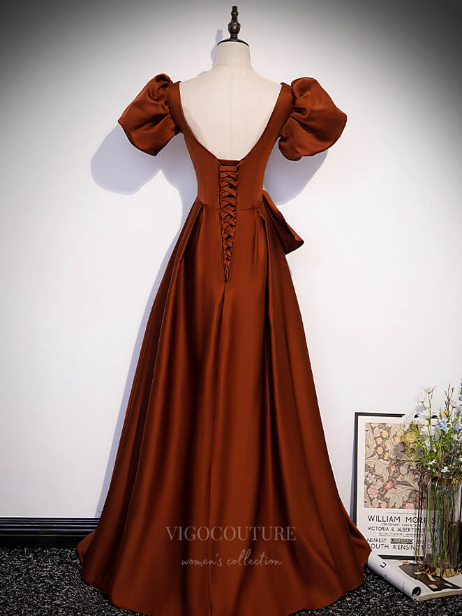 Prom Dress 2025 Burnt Orange Puffed Sleeve Prom Dresses Square Neck 20870-unique elegant Prom Dresses-Burnt Orange-Custom Size-vigocouture