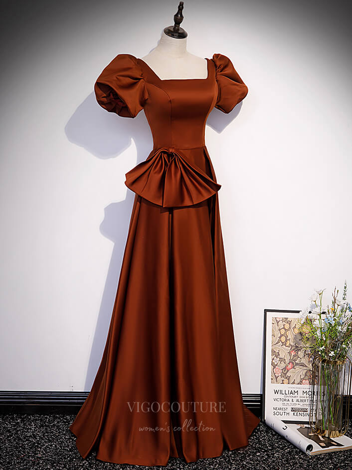 Prom Dress 2025 Burnt Orange Puffed Sleeve Prom Dresses Square Neck 20870-unique elegant Prom Dresses-Burnt Orange-Custom Size-vigocouture