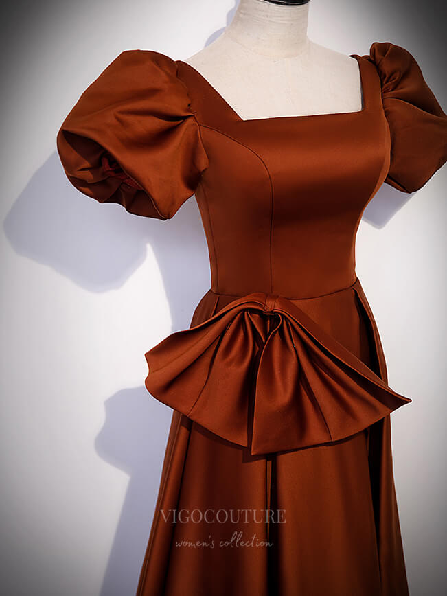 Burnt Orange Puffed Sleeve Prom Dresses Square Neck 20870 vigocouture Burnt Orange Puffed Sleeve Prom Dresses Square Neck 20870 vigocouture