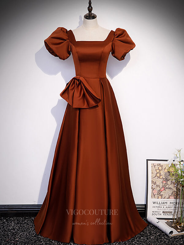 Prom Dress 2025 Burnt Orange Puffed Sleeve Prom Dresses Square Neck 20870-unique elegant Prom Dresses-Burnt Orange-Custom Size-vigocouture