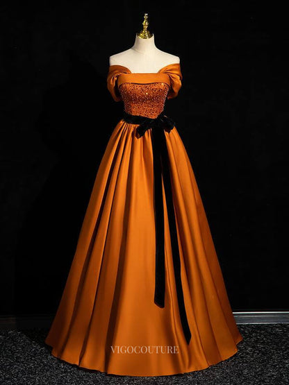 prom dresses burnt orange Burnt Orange Satin Prom Dress Bow Straps Floor Length Lisposa