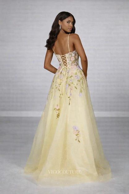 Prom Dresses 2025 to impress Butter Yellow Floral A-Line Prom Dress with 3D Flowers, Corset Bodice & High Slit - VG022-vigocouture-vigocouture