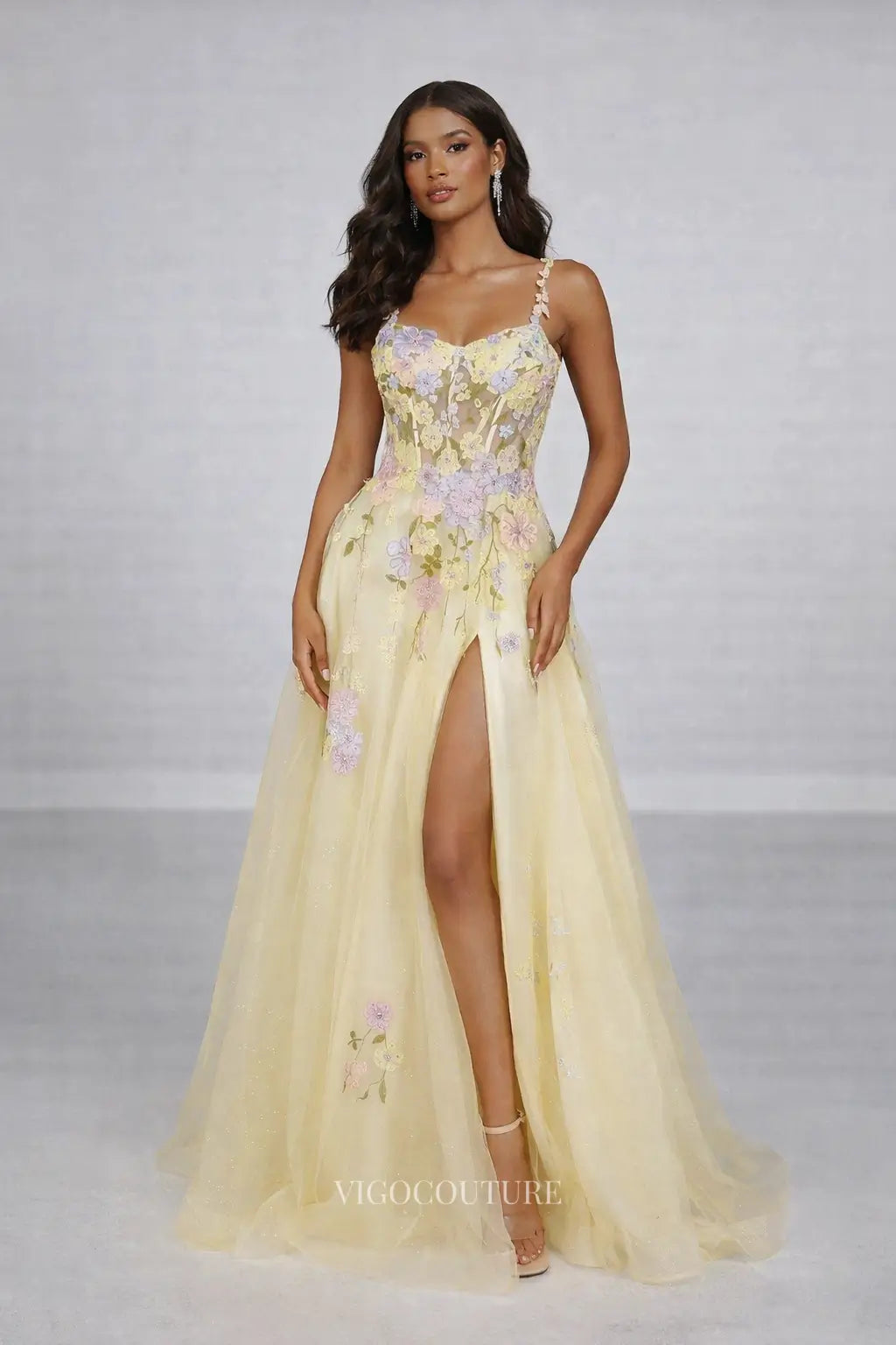 Prom Dresses 2025 to impress Butter Yellow Floral A-Line Prom Dress with 3D Flowers, Corset Bodice & High Slit - VG022-vigocouture-vigocouture