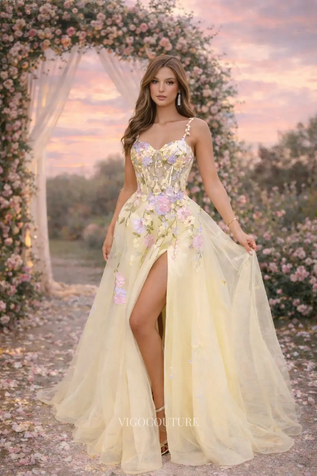 Prom Dresses 2025 to impress Butter Yellow Floral A-Line Prom Dress with 3D Flowers, Corset Bodice & High Slit - VG022-vigocouture-vigocouture