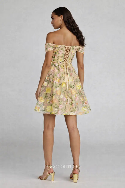 Prom Dresses 2025 to impress Butter Yellow Floral Homecoming Dress with Sweetheart Neck & Off-Shoulder Sleeves - VG016-vigocouture-vigocouture