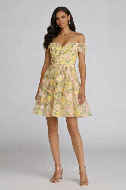 Prom Dresses 2025 to impress Butter Yellow Floral Homecoming Dress with Sweetheart Neck & Off-Shoulder Sleeves - VG016-vigocouture-vigocouture